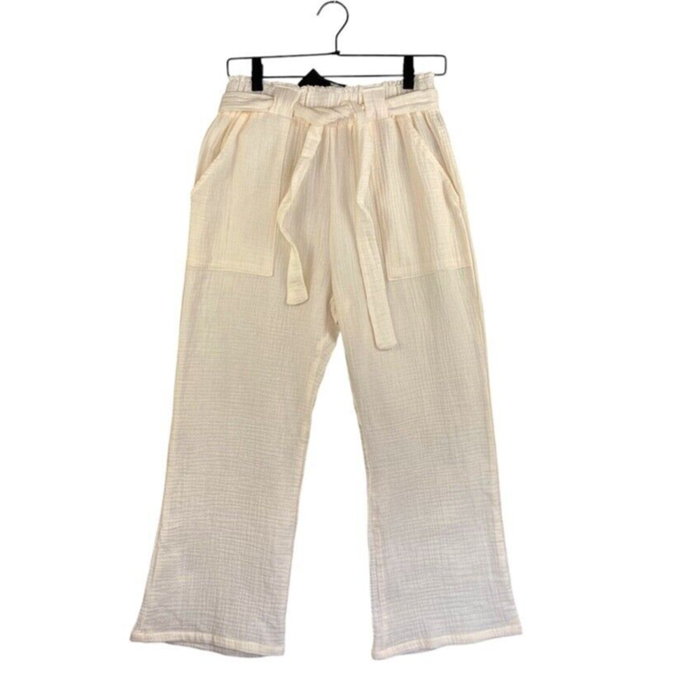 Sincerely Jules Pants Womens Large Beige Cream Boho Gauze Look Coastal Belt NEW